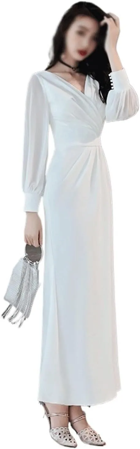White Dress Long Spring Sleeves Show Slim Celebrity Banquet Evening Dress Female