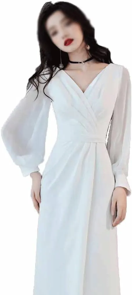 White Dress Long Spring Sleeves Show Slim Celebrity Banquet Evening Dress Female