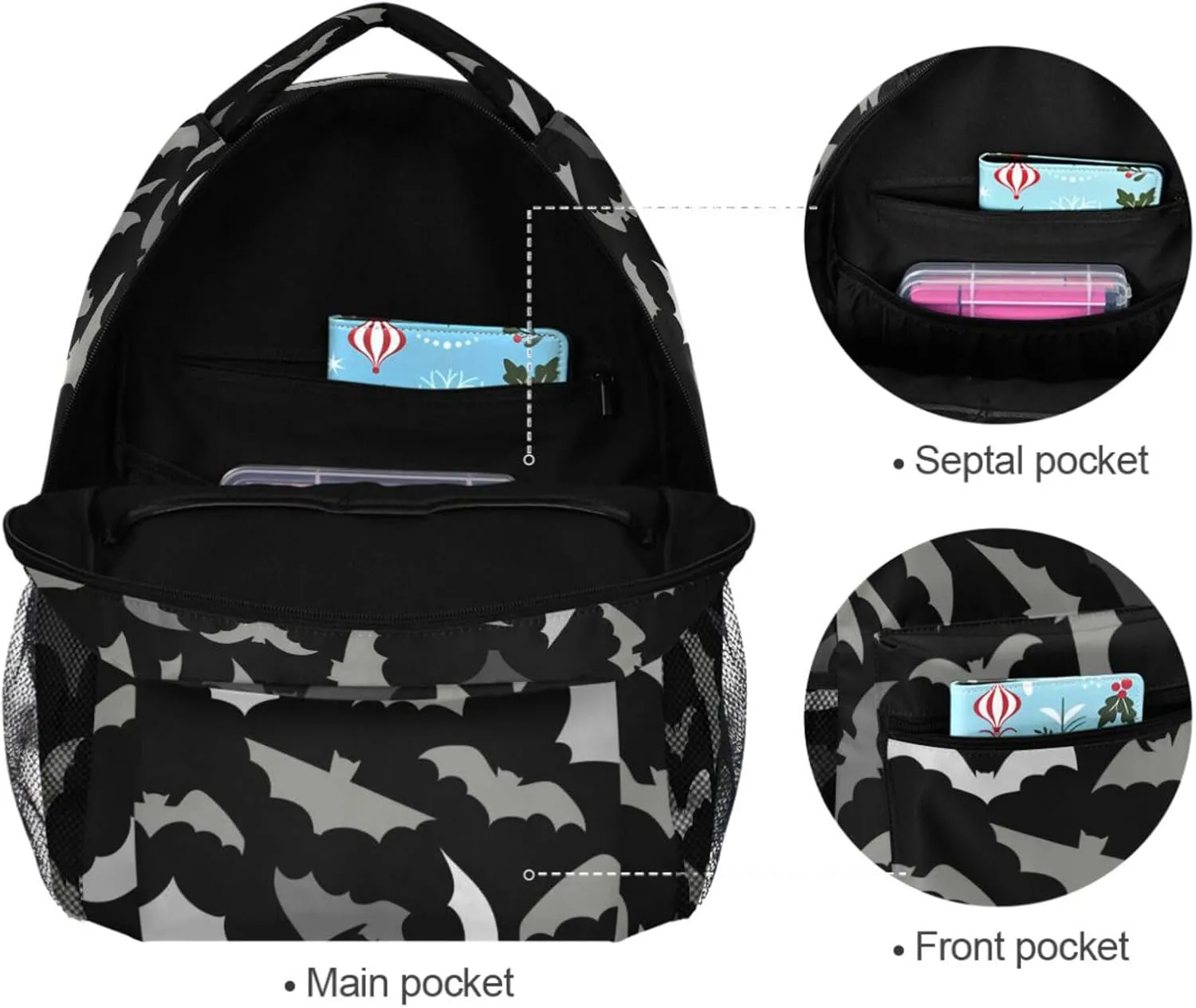 White Gray Bats Backpack Halloween Black Bookbag Daypack Travel Hiking Camping School Laptop Bag