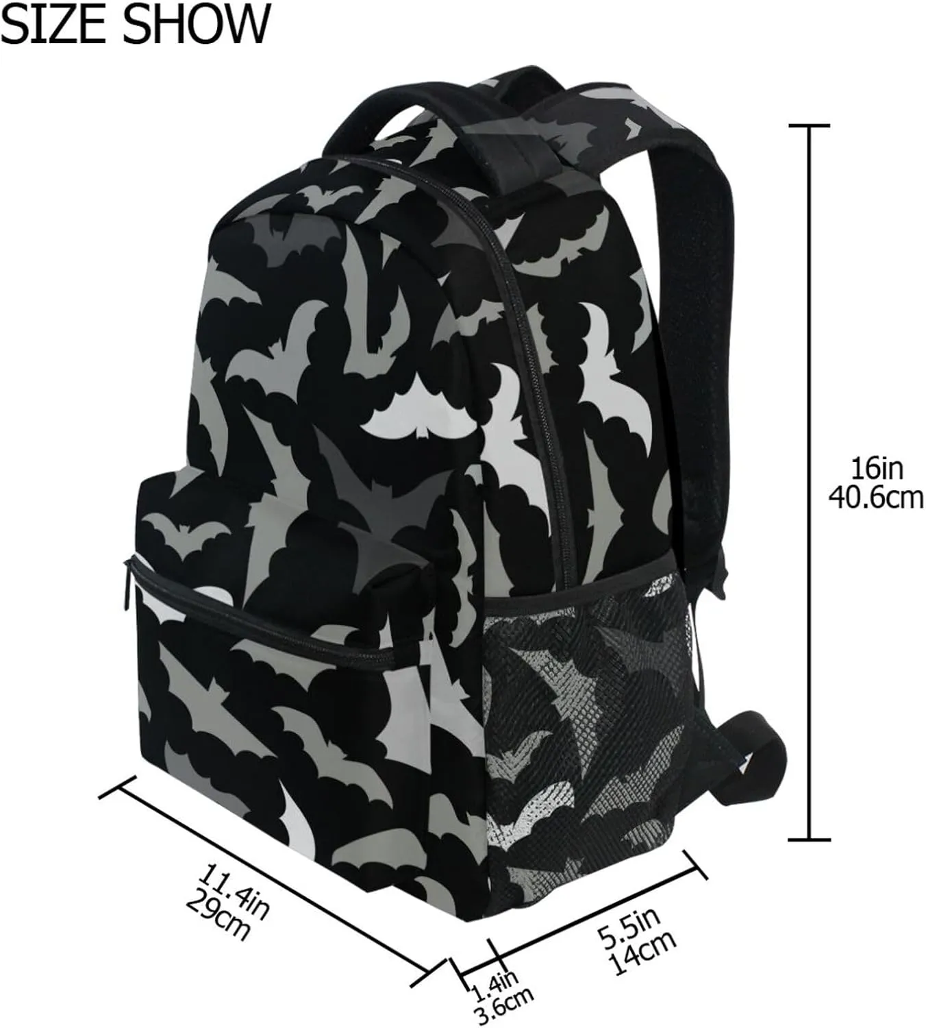White Gray Bats Backpack Halloween Black Bookbag Daypack Travel Hiking Camping School Laptop Bag