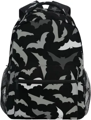 White Gray Bats Backpack Halloween Black Bookbag Daypack Travel Hiking Camping School Laptop Bag