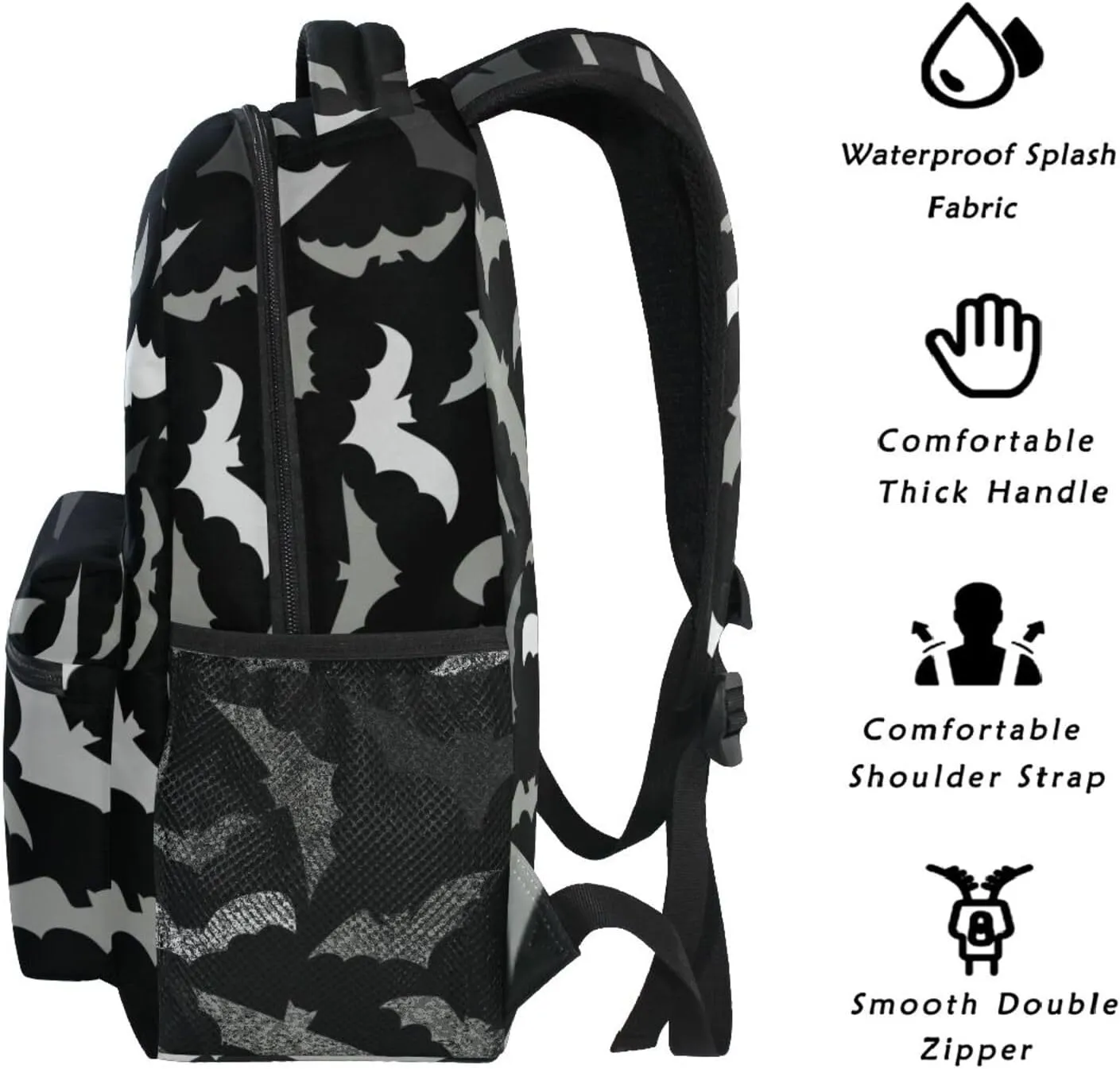 White Gray Bats Backpack Halloween Black Bookbag Daypack Travel Hiking Camping School Laptop Bag