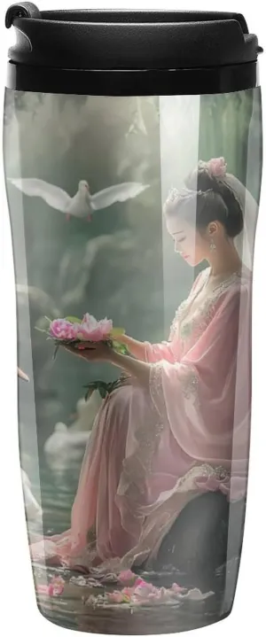 White Swan Woman Lake Coffee Mug with Lid Portable Tumbler Water Bottle for Travel Business 350ml