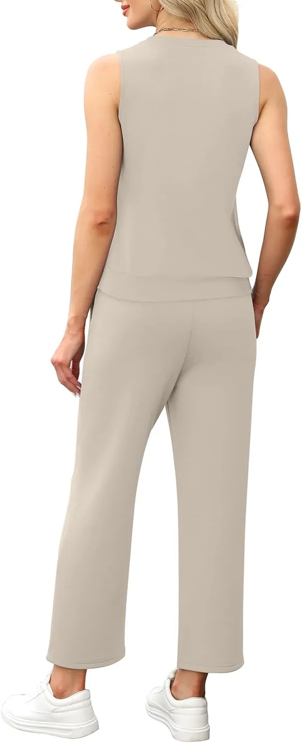 WIHOLL Two Piece Set for Women Summer Outfits Vacation Lounge Sets Round Neck Matching Sets Wide Leg Crop Pants
