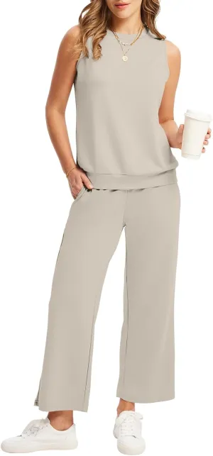 WIHOLL Two Piece Set for Women Summer Outfits Vacation Lounge Sets Round Neck Matching Sets Wide Leg Crop Pants