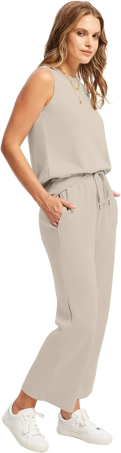 WIHOLL Two Piece Set for Women Summer Outfits Vacation Lounge Sets Round Neck Matching Sets Wide Leg Crop Pants