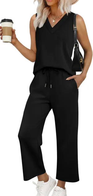 WIHOLL Two Piece Sets for Women Summer Outfits Matching Lounge Sets Wide Leg Crop Pants Vacation Travel