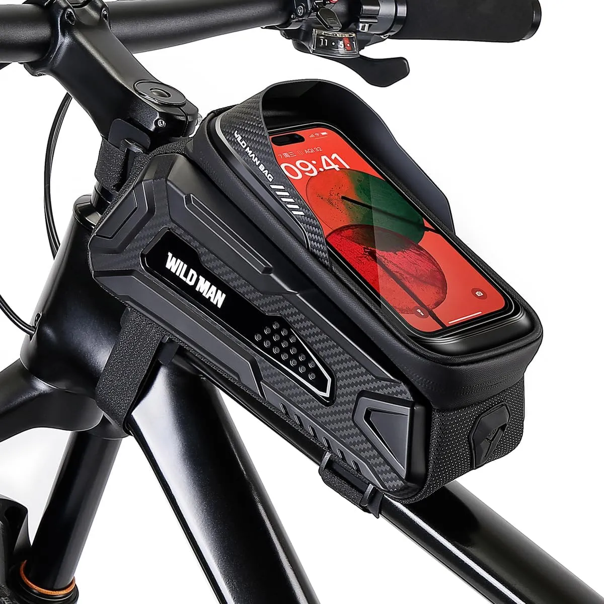 WILD MAN Hard Shell Bike Phone Frame Bag Waterproof Top Tube Bike Phone Bag with Sensitive Touch Screen for Road Mountain MTB Cycling(M30,Black)