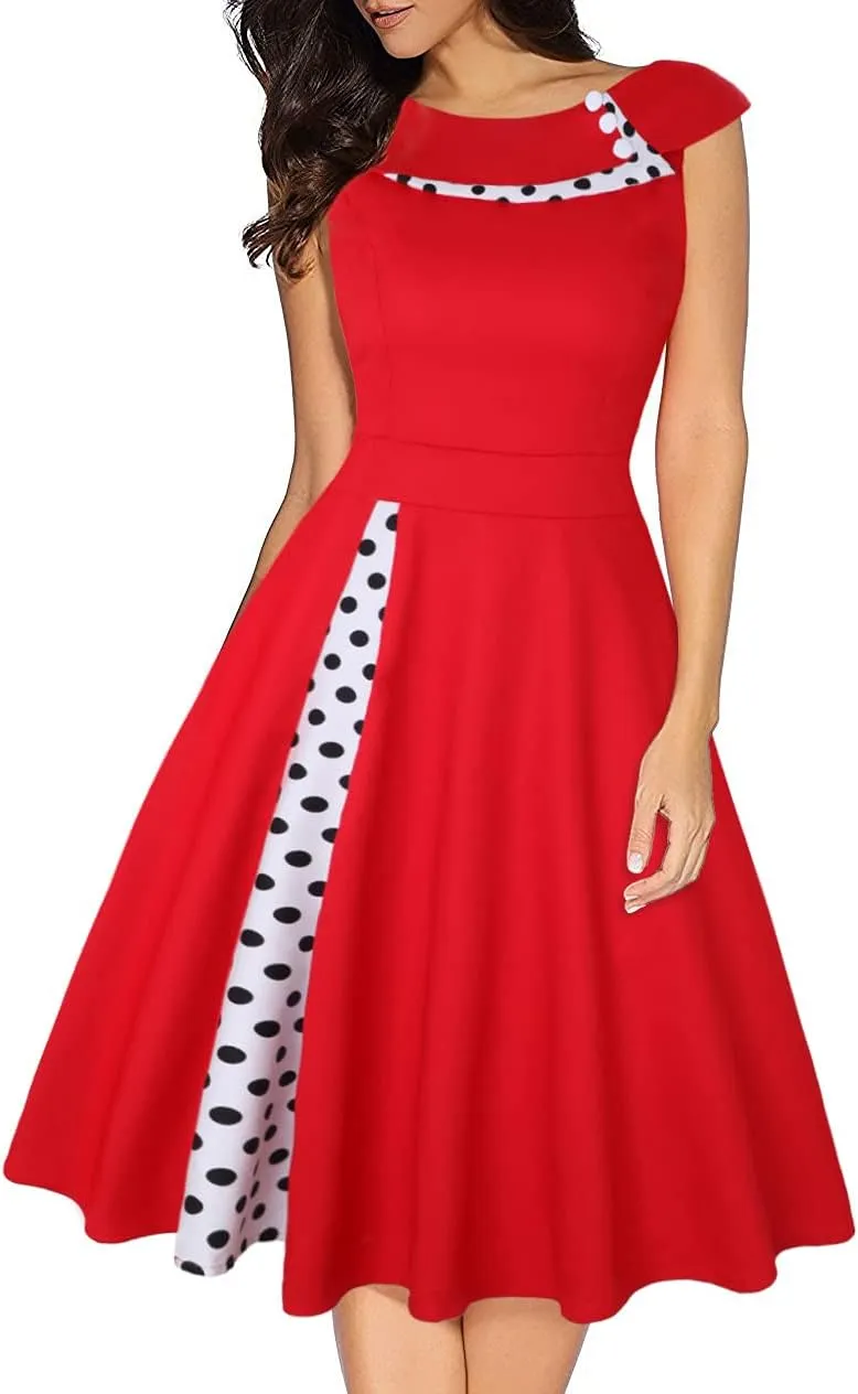 Women 50s 60s Vintage Sleeveless Polka Dot Cocktail Swing Dress Retro Audrey Hepburn Patchwork Midi Evening Rockabilly Dress