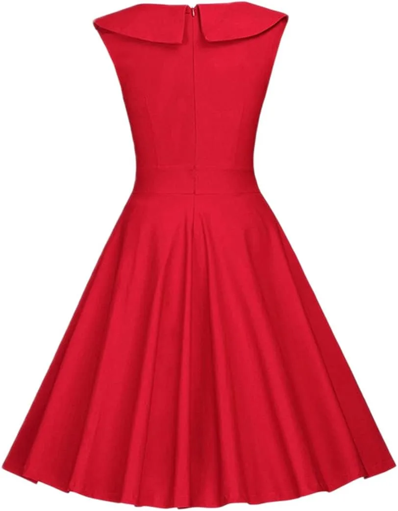 Women 50s 60s Vintage Sleeveless Polka Dot Cocktail Swing Dress Retro Audrey Hepburn Patchwork Midi Evening Rockabilly Dress