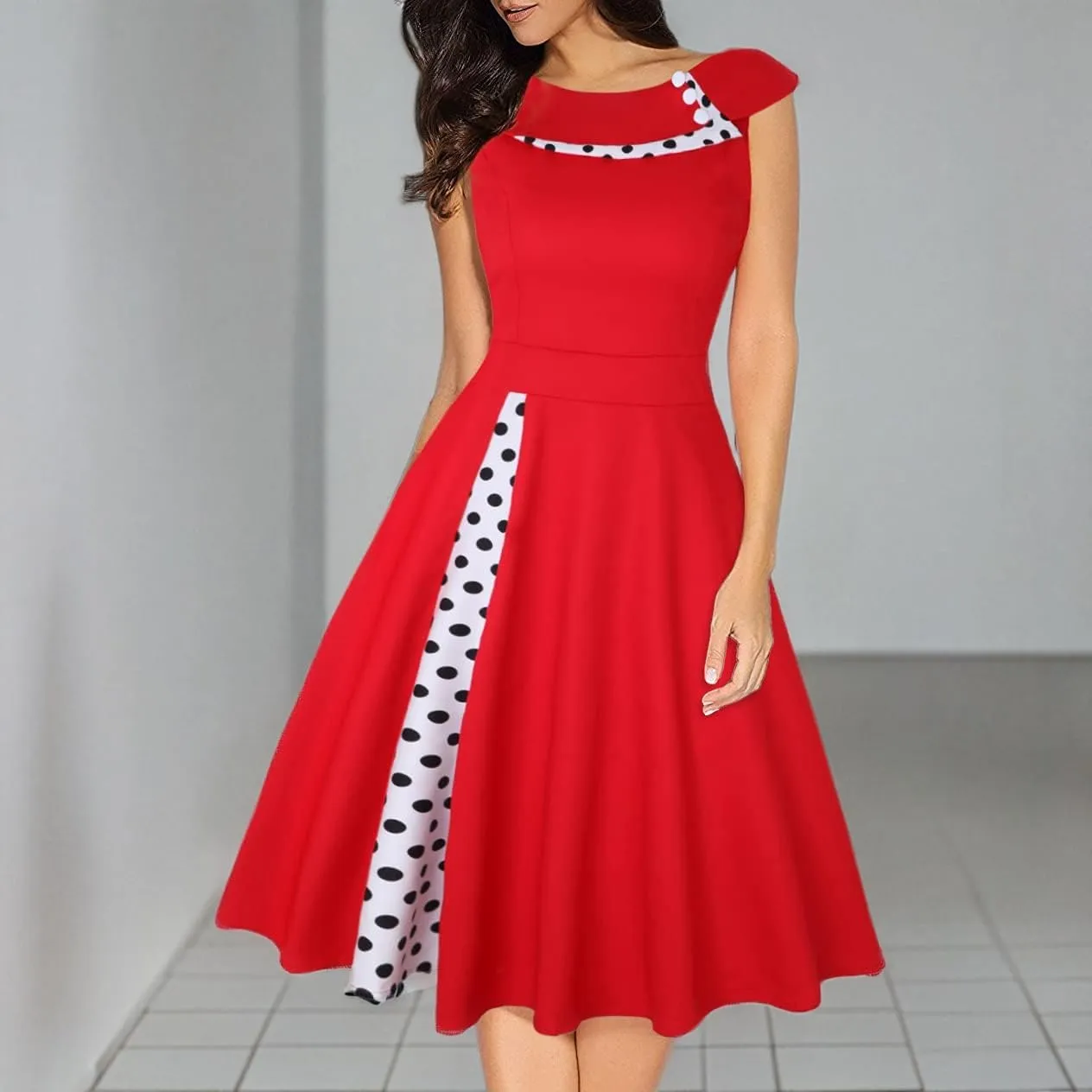 Women 50s 60s Vintage Sleeveless Polka Dot Cocktail Swing Dress Retro Audrey Hepburn Patchwork Midi Evening Rockabilly Dress