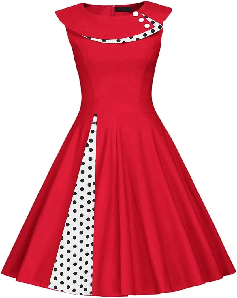 Women 50s 60s Vintage Sleeveless Polka Dot Cocktail Swing Dress Retro Audrey Hepburn Patchwork Midi Evening Rockabilly Dress