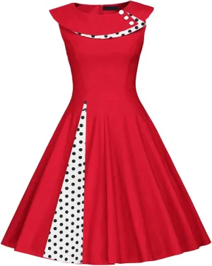 Women 50s 60s Vintage Sleeveless Polka Dot Cocktail Swing Dress Retro Audrey Hepburn Patchwork Midi Evening Rockabilly Dress