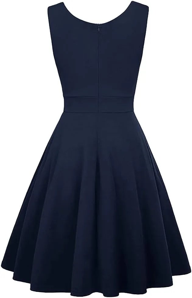 Women 50s 60s Vintage Sleeveless V-Neck Cocktail Swing Dress 1950s Wedding Semi Formal Party Rockabilly Evening Prom Dress