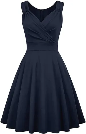 Women 50s 60s Vintage Sleeveless V-Neck Cocktail Swing Dress 1950s Wedding Semi Formal Party Rockabilly Evening Prom Dress