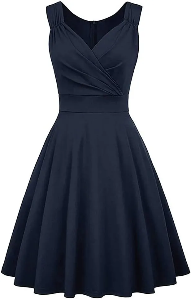 Women 50s 60s Vintage Sleeveless V-Neck Cocktail Swing Dress 1950s Wedding Semi Formal Party Rockabilly Evening Prom Dress