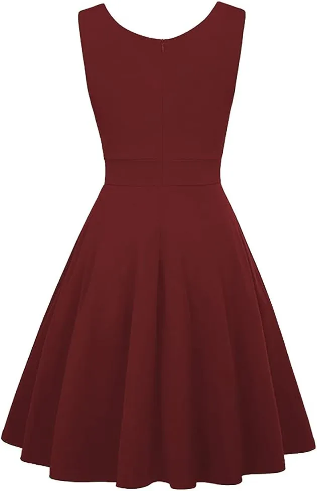 Women 50s 60s Vintage Sleeveless V-Neck Cocktail Swing Dress 1950s Wedding Semi Formal Party Rockabilly Evening Prom Dress