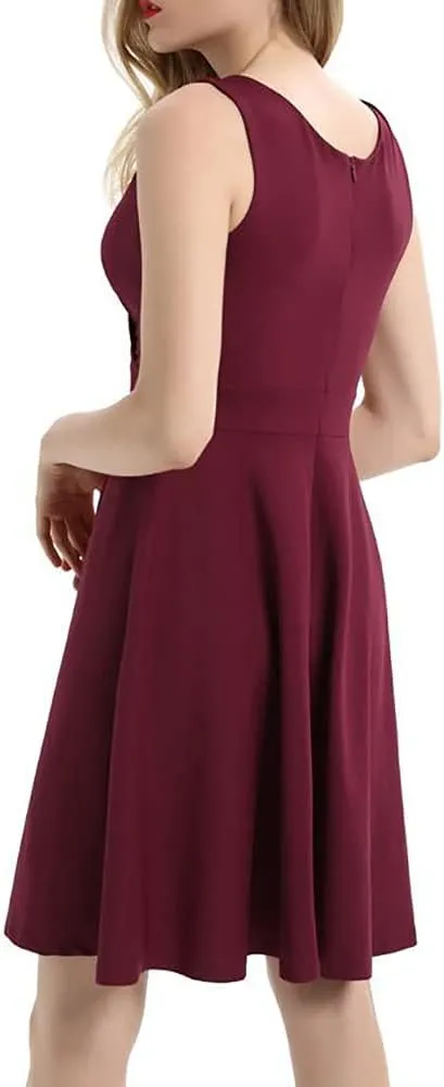 Women 50s 60s Vintage Sleeveless V-Neck Cocktail Swing Dress 1950s Wedding Semi Formal Party Rockabilly Evening Prom Dress
