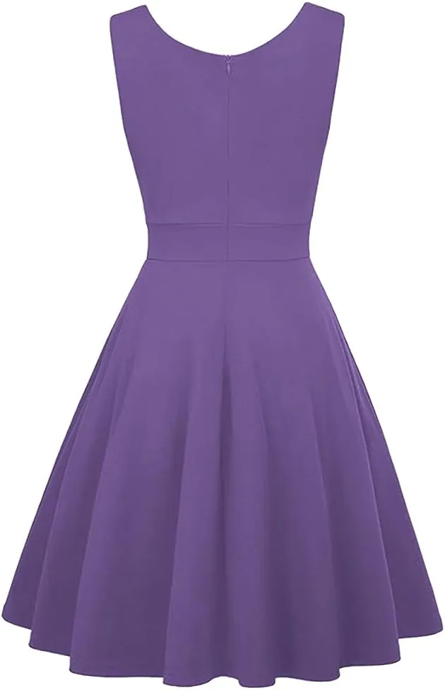 Women 50s 60s Vintage Sleeveless V-Neck Cocktail Swing Dress 1950s Wedding Semi Formal Party Rockabilly Evening Prom Dress