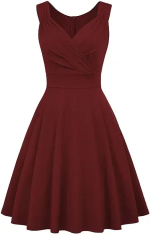 Women 50s 60s Vintage Sleeveless V-Neck Cocktail Swing Dress 1950s Wedding Semi Formal Party Rockabilly Evening Prom Dress