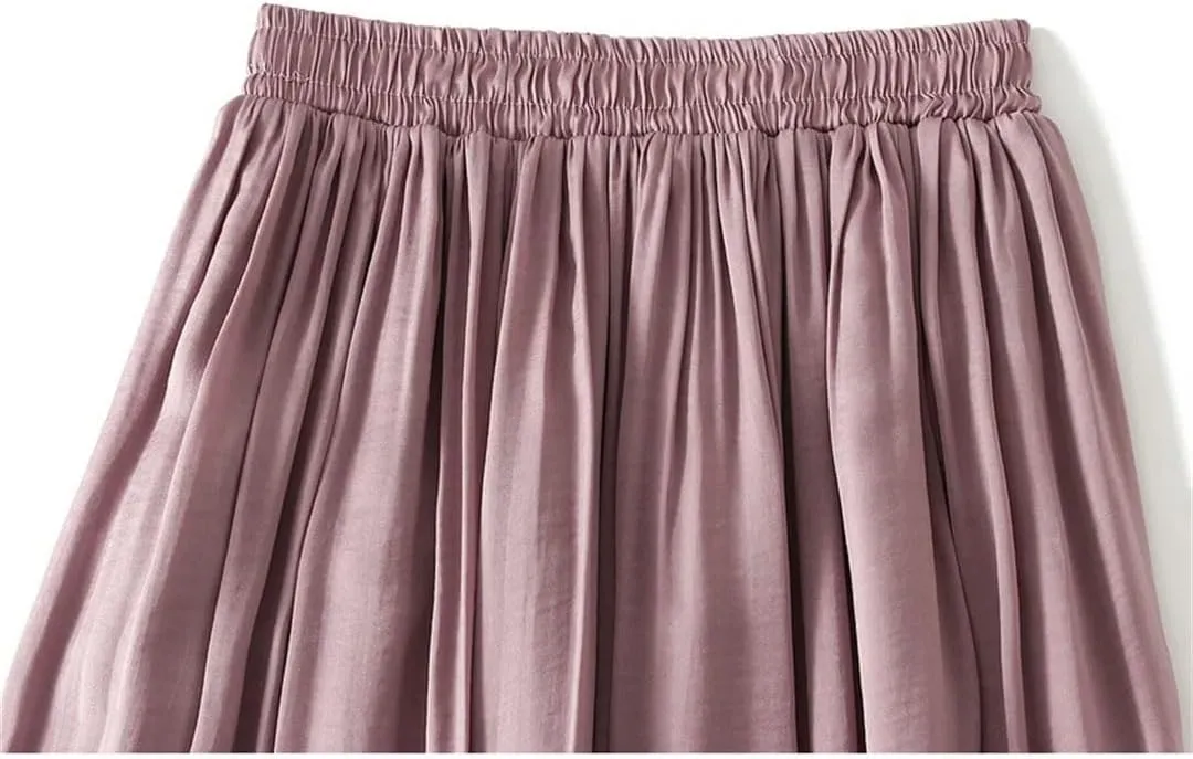 Women Ankle-Length Long Pleated Skirt Summer Solid Color Casual Thin Long All-Match Maxi Skirts