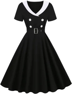 Women Double Breasted Notch Lapel 50s Vintage Short Sleeve Cocktail Swing Dress Polka Dot 1950s Rockabilly Prom Midi Dress