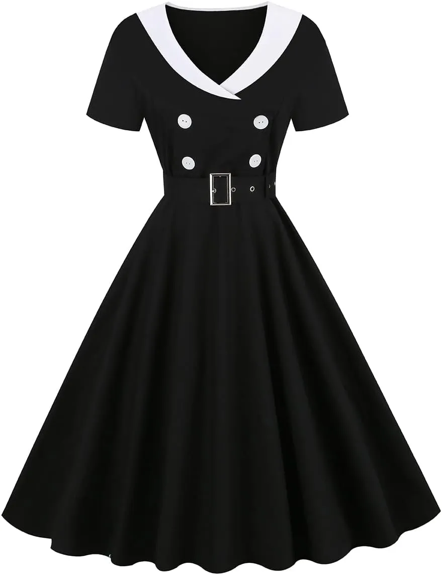 Women Double Breasted Notch Lapel 50s Vintage Short Sleeve Cocktail Swing Dress Polka Dot 1950s Rockabilly Prom Midi Dress