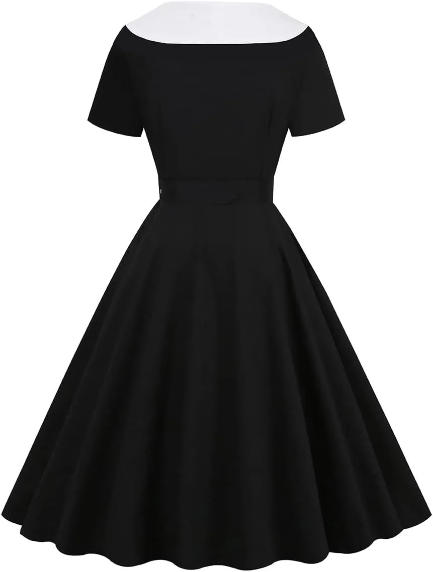 Women Double Breasted Notch Lapel 50s Vintage Short Sleeve Cocktail Swing Dress Polka Dot 1950s Rockabilly Prom Midi Dress