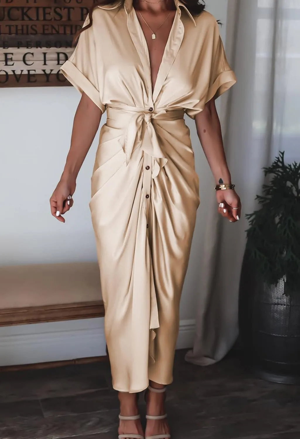 Women Elegant Satin Button Down Short Sleeve Maxi Shirt Dress with Belt