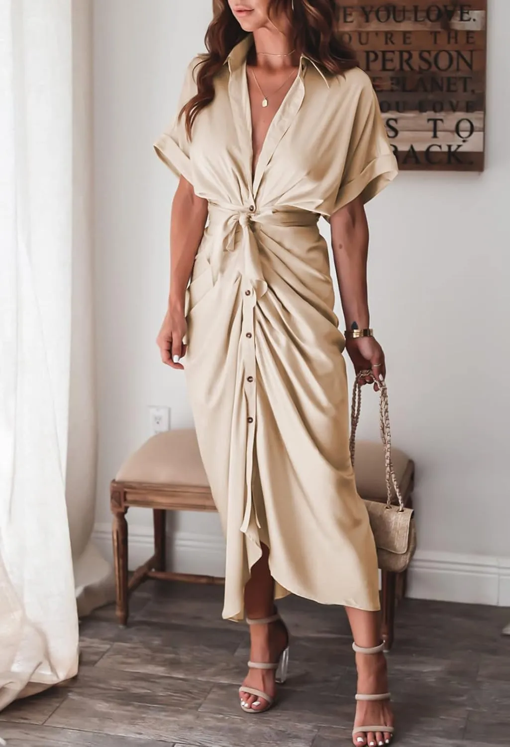 Women Elegant Satin Button Down Short Sleeve Maxi Shirt Dress with Belt