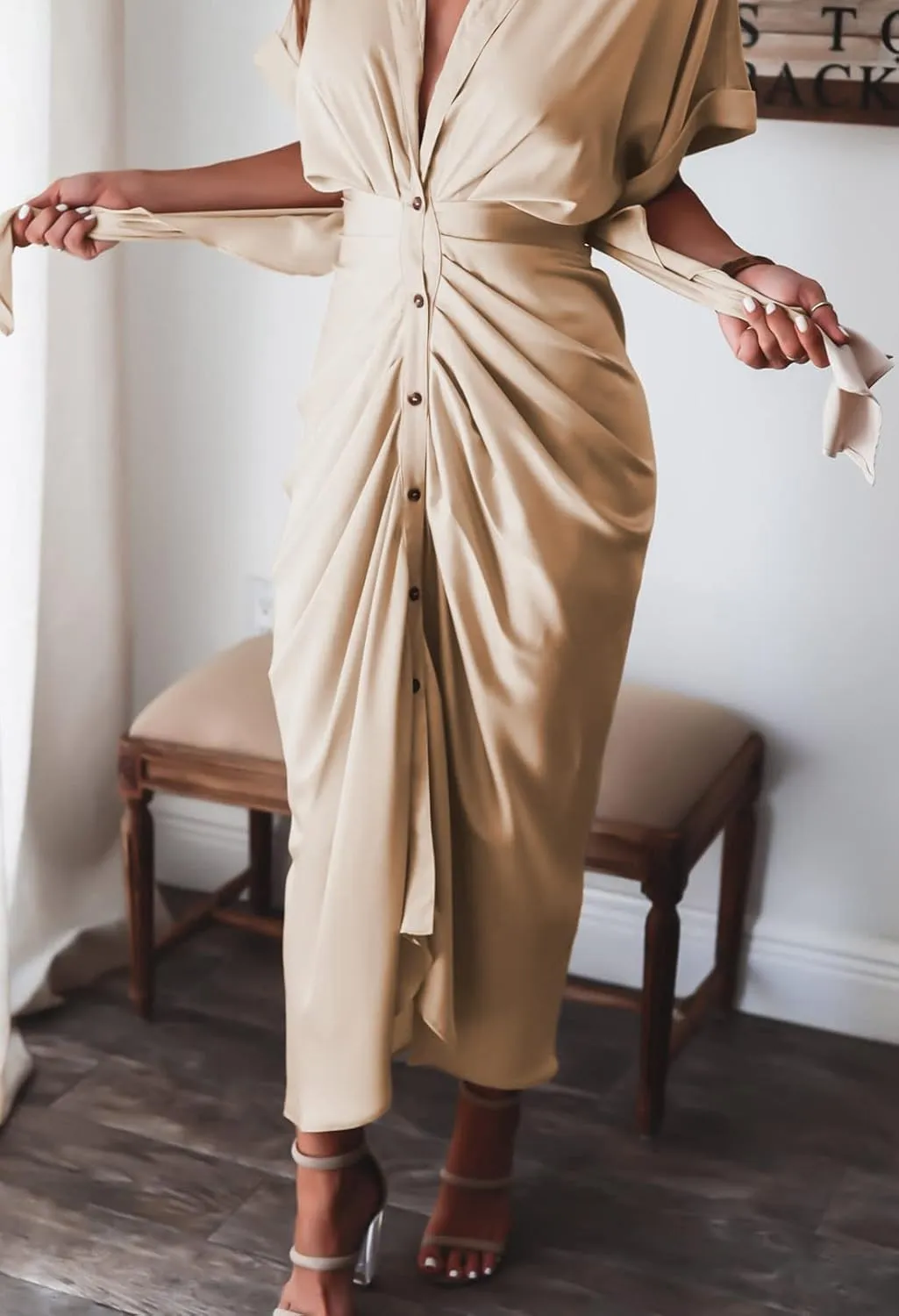 Women Elegant Satin Button Down Short Sleeve Maxi Shirt Dress with Belt