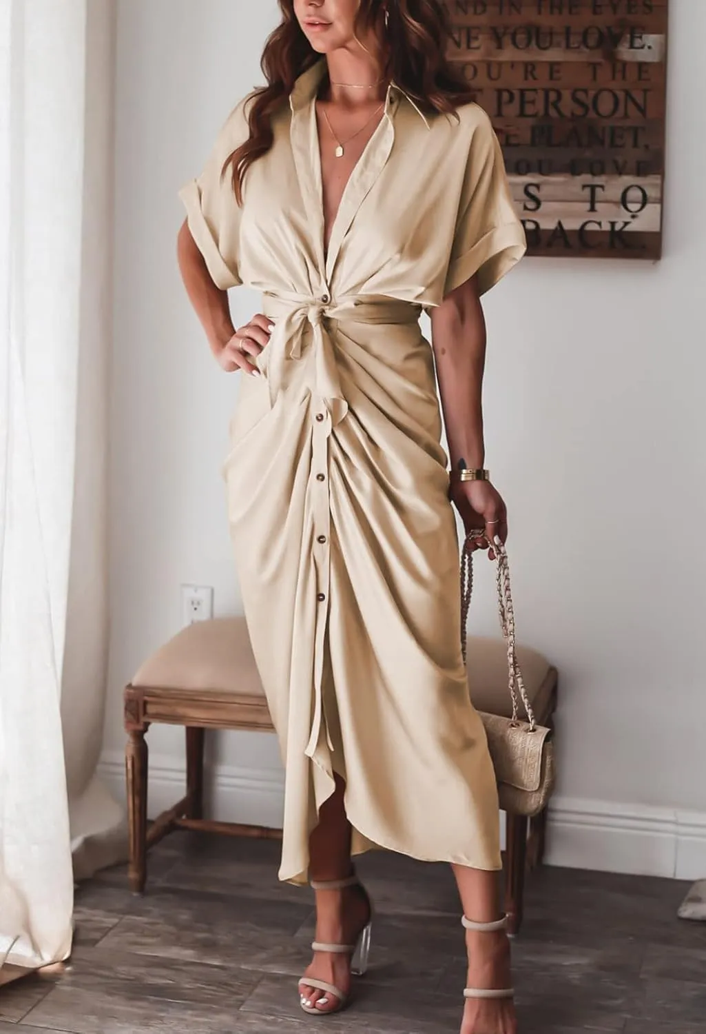 Women Elegant Satin Button Down Short Sleeve Maxi Shirt Dress with Belt