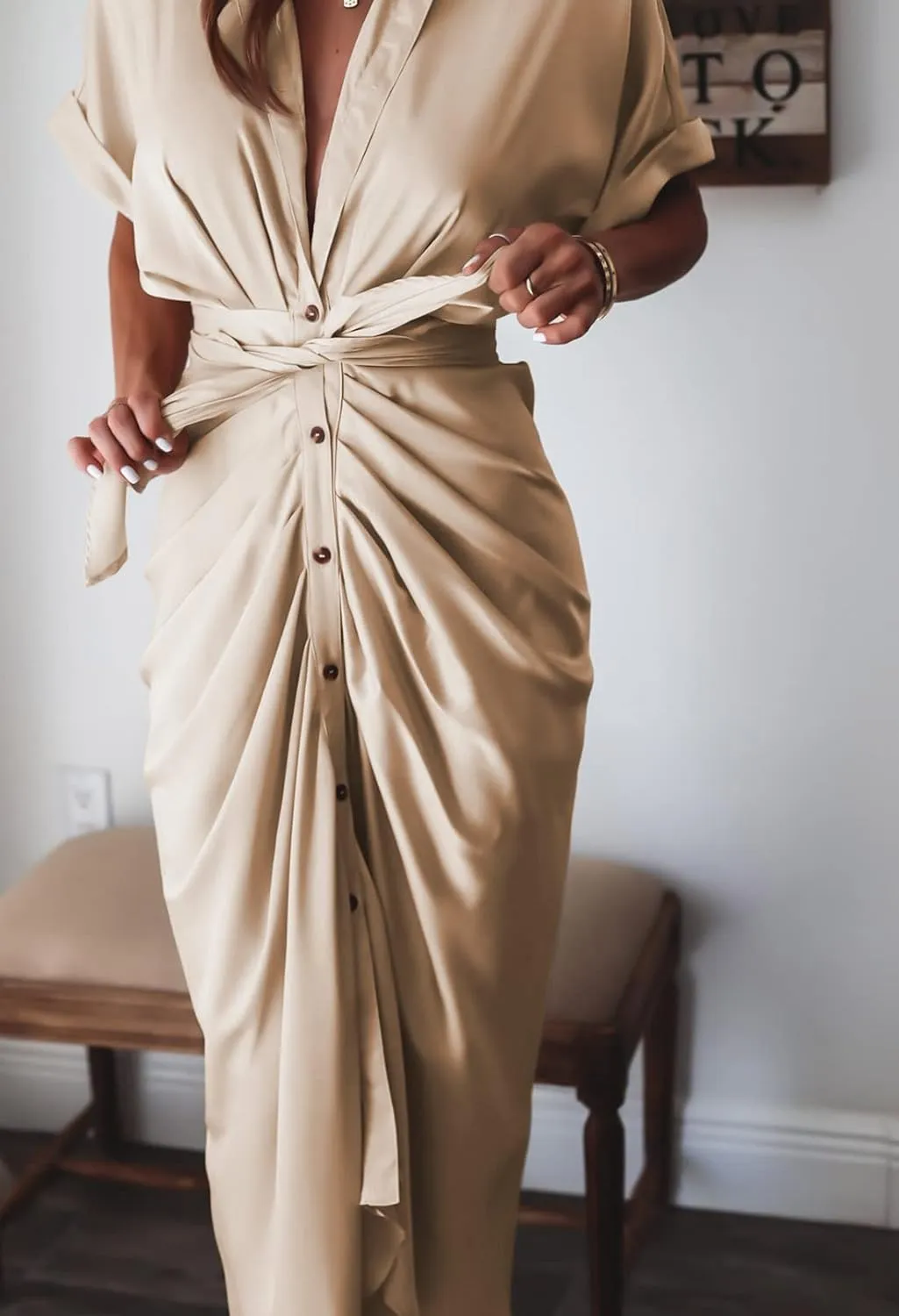 Women Elegant Satin Button Down Short Sleeve Maxi Shirt Dress with Belt