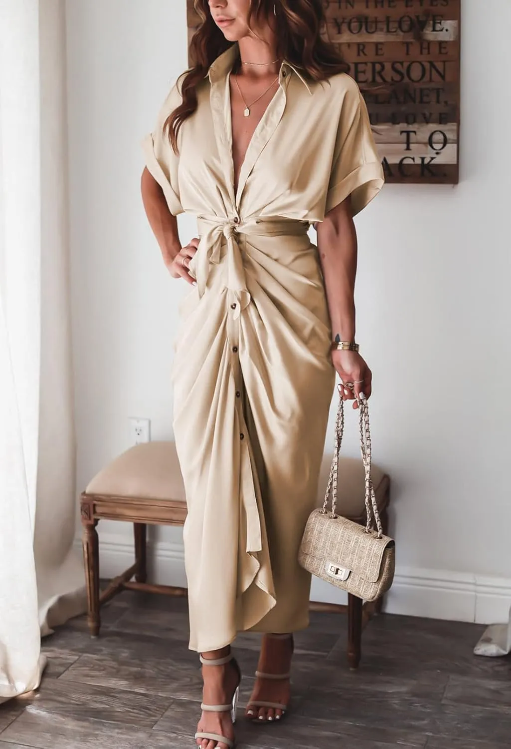 Women Elegant Satin Button Down Short Sleeve Maxi Shirt Dress with Belt