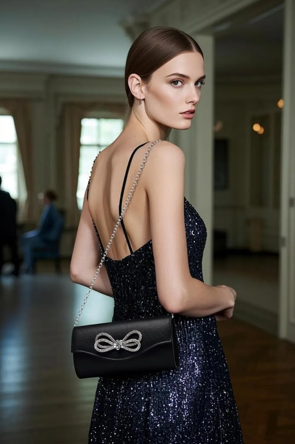 Women Evening Handbag Shiny Crystal Bow Flap Clutch Purse for Women Wedding Party Prom Purse