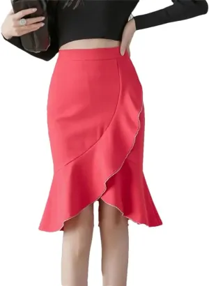 Women Fashion Knee Length Ruffles Bodycon High Waist Skirts Elegant Korean Office Sexy Pencil Skirt