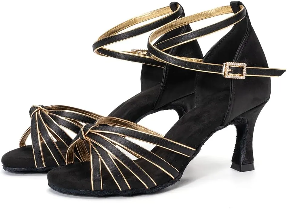 Women Latin Dance Shoes Satin Professional Ballroom Salsa Practice Performance Dance Shoes, Model EM-217GB-7cm