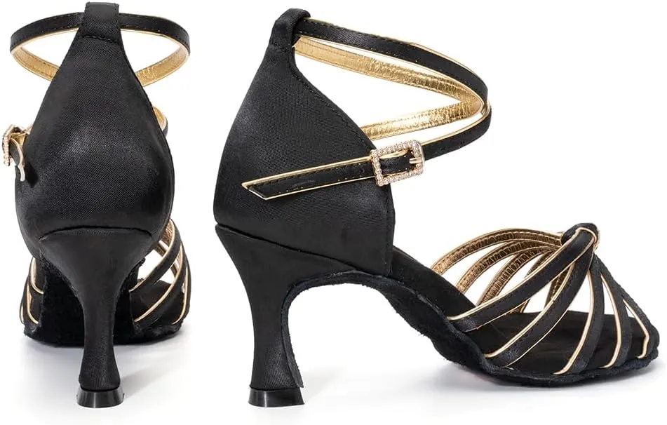 Women Latin Dance Shoes Satin Professional Ballroom Salsa Practice Performance Dance Shoes, Model EM-217GB-7cm