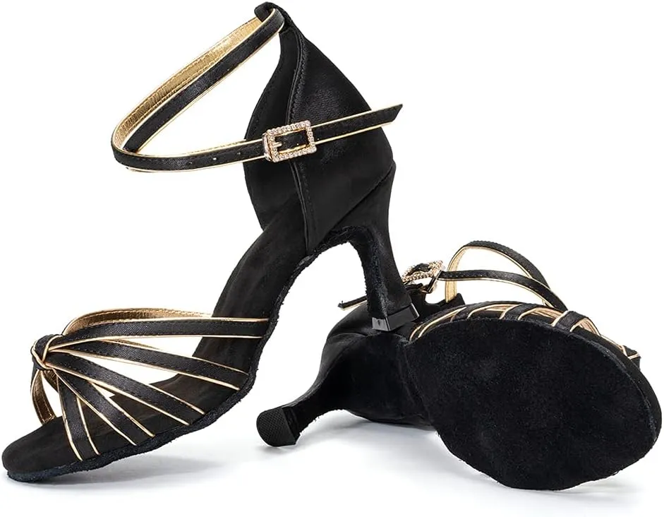 Women Latin Dance Shoes Satin Professional Ballroom Salsa Practice Performance Dance Shoes, Model EM-217GB-7cm