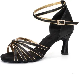 Women Latin Dance Shoes Satin Professional Ballroom Salsa Practice Performance Dance Shoes, Model EM-217GB-7cm