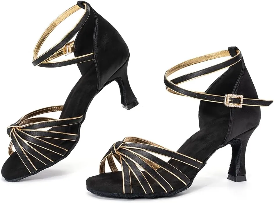 Women Latin Dance Shoes Satin Professional Ballroom Salsa Practice Performance Dance Shoes, Model EM-217GB-7cm