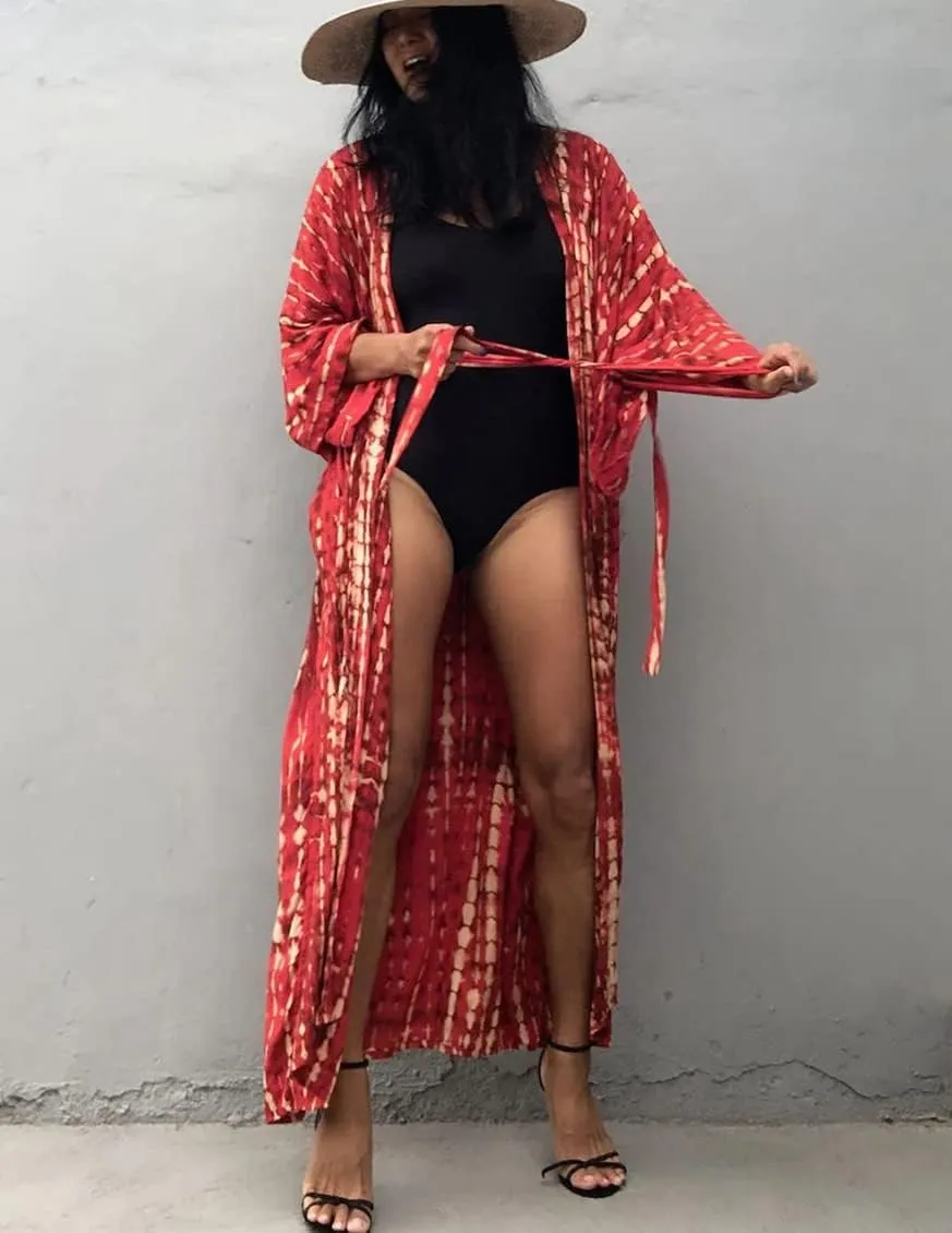 Women Long Beach Kimono Curve Hem Loose Open Front Bathing Suit Cover up