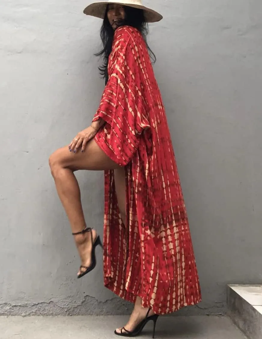 Women Long Beach Kimono Curve Hem Loose Open Front Bathing Suit Cover up