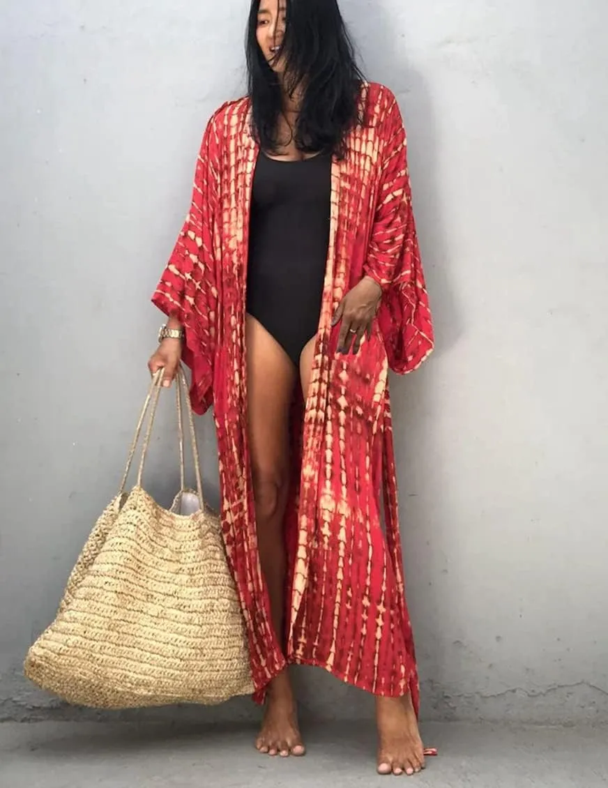 Women Long Beach Kimono Curve Hem Loose Open Front Bathing Suit Cover up