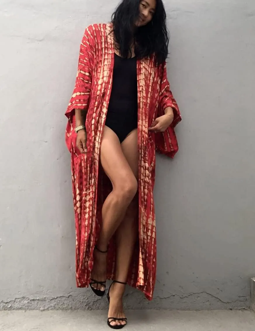 Women Long Beach Kimono Curve Hem Loose Open Front Bathing Suit Cover up
