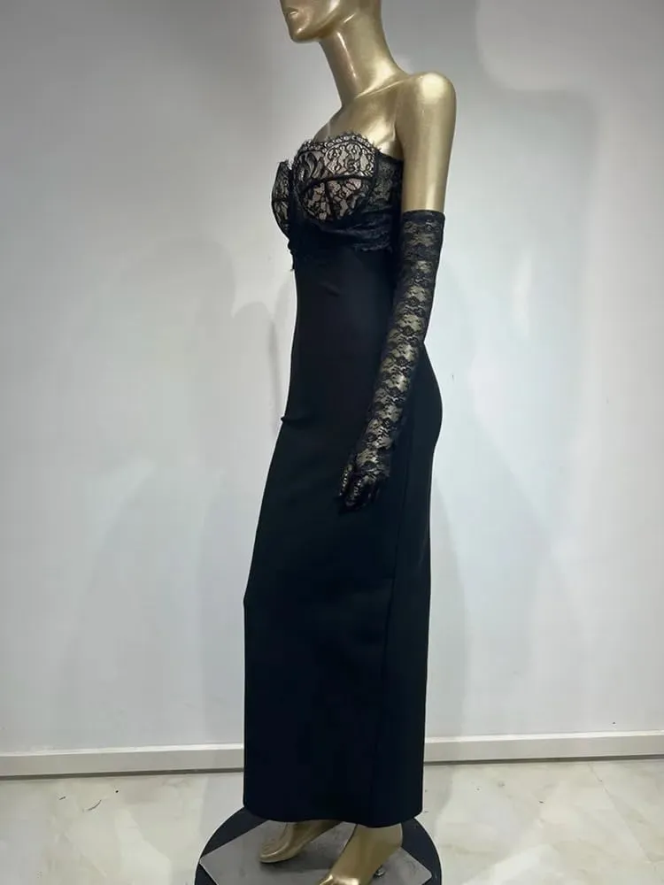 Women Luxury Party Dress Black Strapless Lace Bustier Long Slim Bandage with Gloves Celebrity Evening Gowns