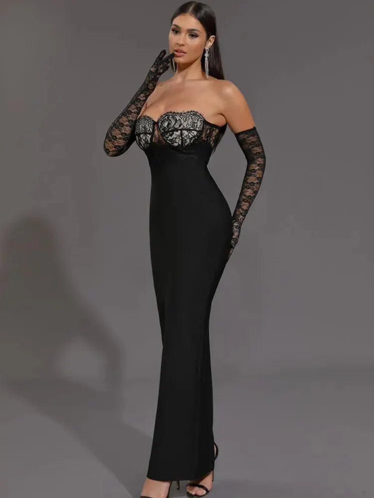 Women Luxury Party Dress Black Strapless Lace Bustier Long Slim Bandage with Gloves Celebrity Evening Gowns