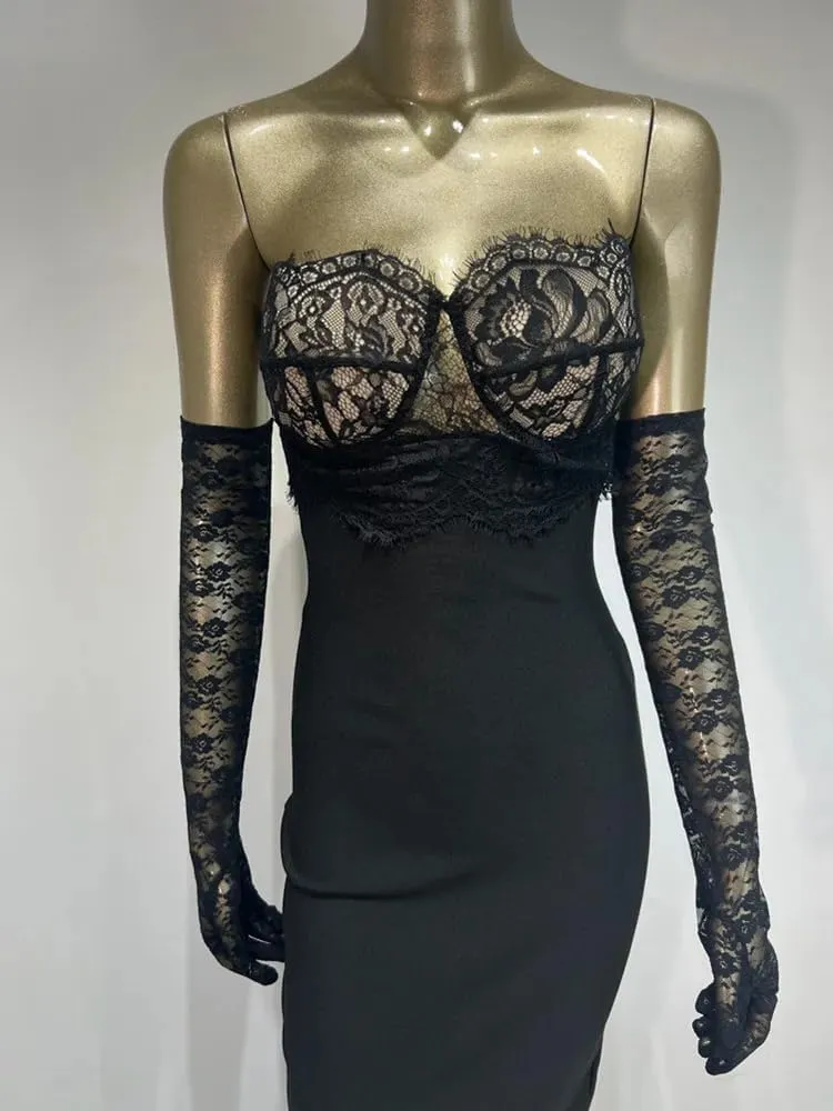 Women Luxury Party Dress Black Strapless Lace Bustier Long Slim Bandage with Gloves Celebrity Evening Gowns