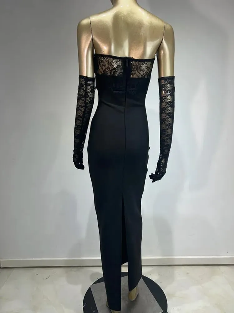 Women Luxury Party Dress Black Strapless Lace Bustier Long Slim Bandage with Gloves Celebrity Evening Gowns