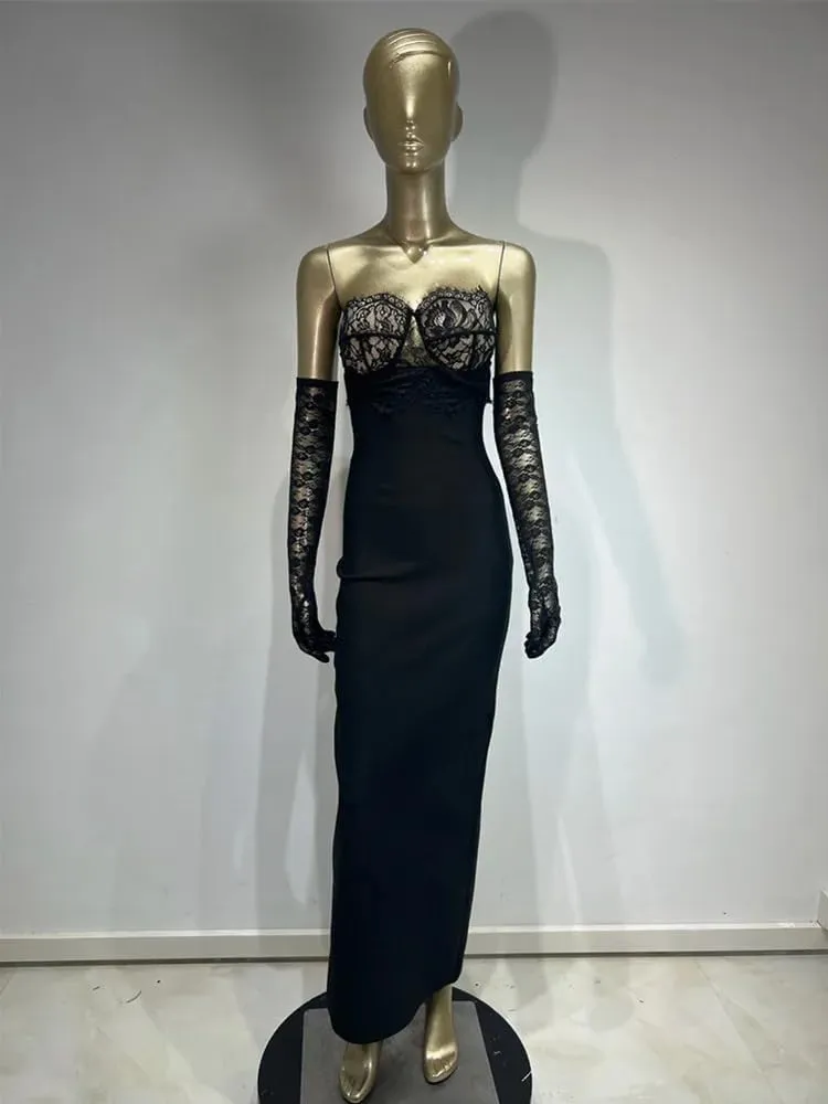 Women Luxury Party Dress Black Strapless Lace Bustier Long Slim Bandage with Gloves Celebrity Evening Gowns